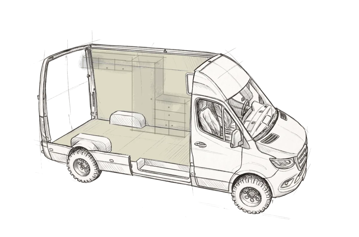 Croquis Mercedes Sprinter 4×4 SIGNATURE - aménagement sur-mesure par Oley Workshop