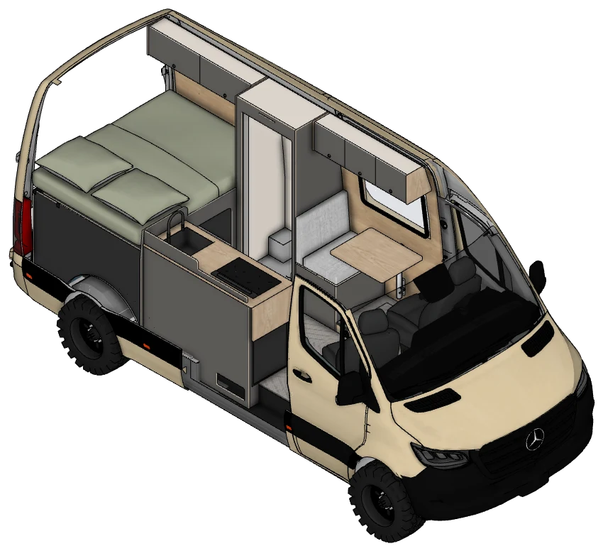 Plan 3D du Mercedes Sprinter 4x4 AORAKI aménagé par Oley Workshop, configuration couples voyageurs L2H2