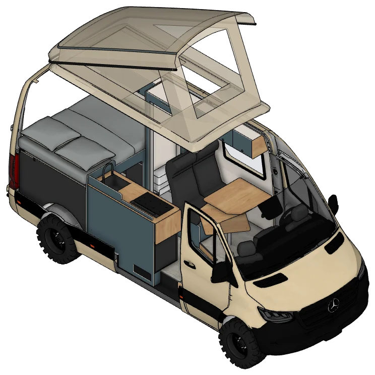 Plan 3D du Mercedes Sprinter 4x4 AROHA aménagé par Oley Workshop, configuration familiale L2H2