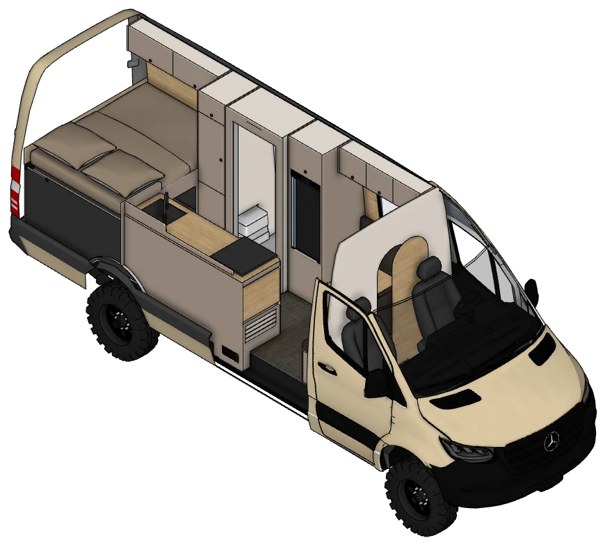 Plan 3D du Mercedes Sprinter 4x4 KAURI aménagé par Oley Workshop, configuration expéditions longues L3H2